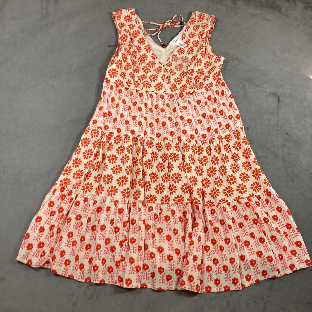 Japna Red Pink Floral Tiered Midi Dress Small Sleeveless V-Neck Tie Back Boho
